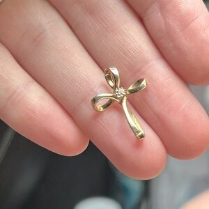 Solid 14k Yellow Gold Diamond Swirl Cross Pendant